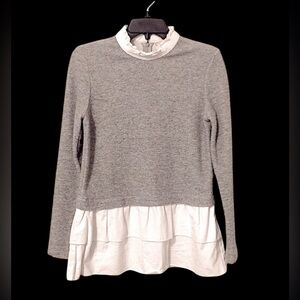 Plastic Island Women’s Grey/White Colorblock Tiered Ruffles Sweater Blouse Shirt